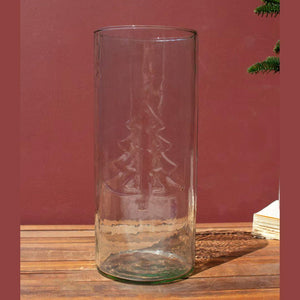 Clear Glass Cylinder with Embossed Christmas Tree