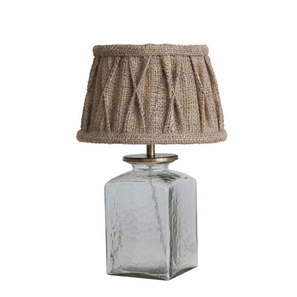 Glass & Metal Table Lamp with Pintucked Jute Shade - Antique Bronze Finish