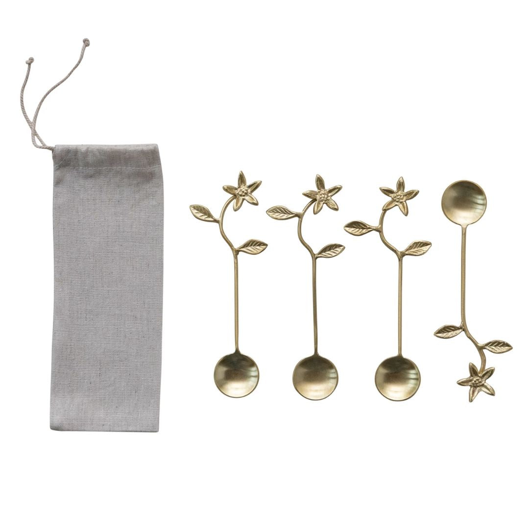 Gold Spoons with Flower Handles – Set of 4 in Drawstring Bag
