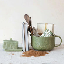 Green Stoneware Batter Bowl with Trees