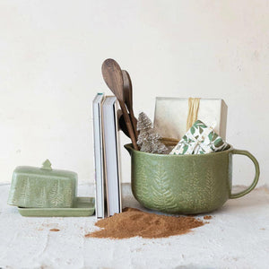 Green Stoneware Batter Bowl with Trees