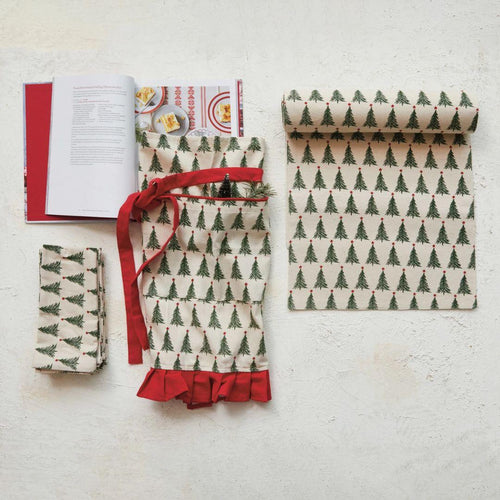 Cotton Half Apron with Christmas Tree Pattern