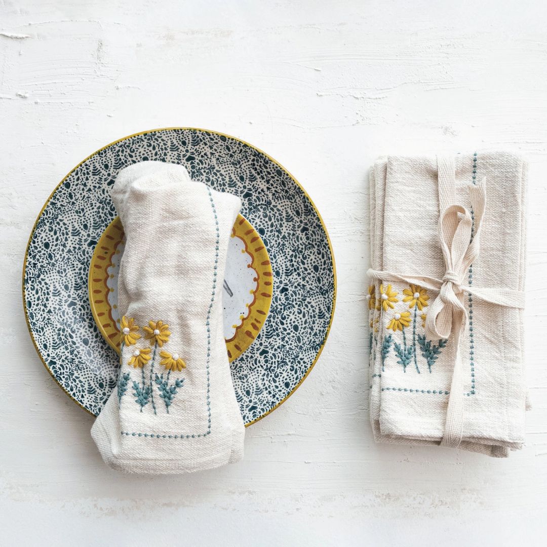 Hand Embroidered Napkins with Flowers & French Knots