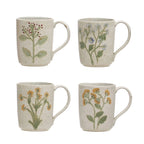Hand-Painted Stoneware Mugs with Botanicals – Assorted 4 Styles