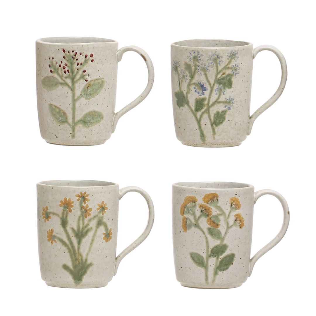 Hand-Painted Stoneware Mugs with Botanicals – Assorted 4 Styles