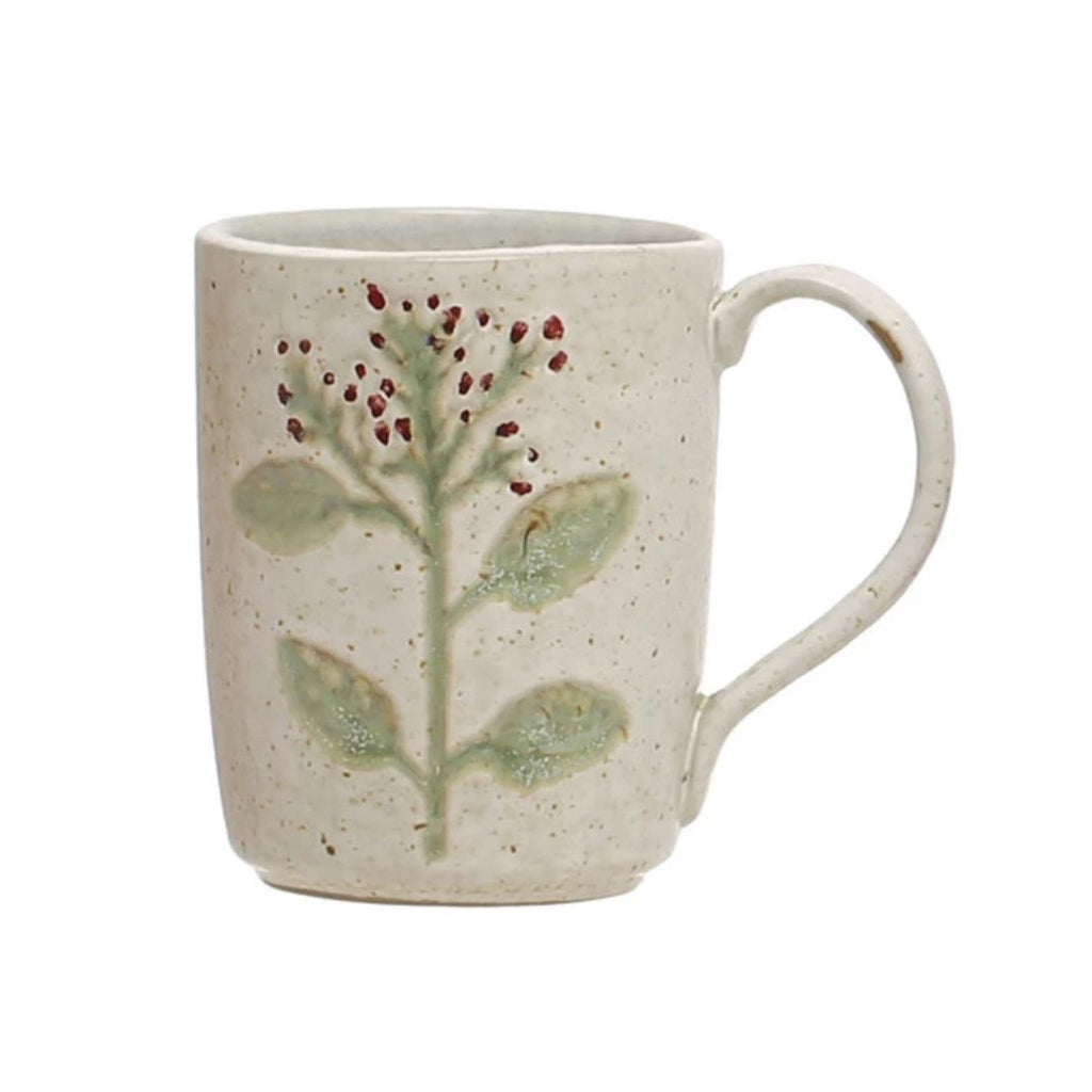 Hand-Painted Stoneware Mugs with Botanicals – Assorted 4 Styles
