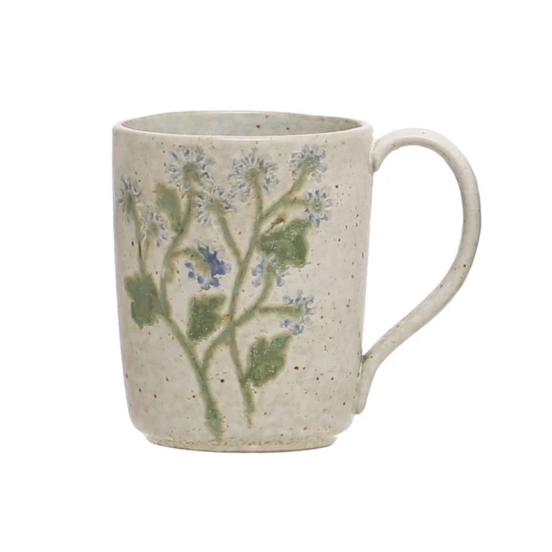 Hand-Painted Stoneware Mugs with Botanicals – Assorted 4 Styles