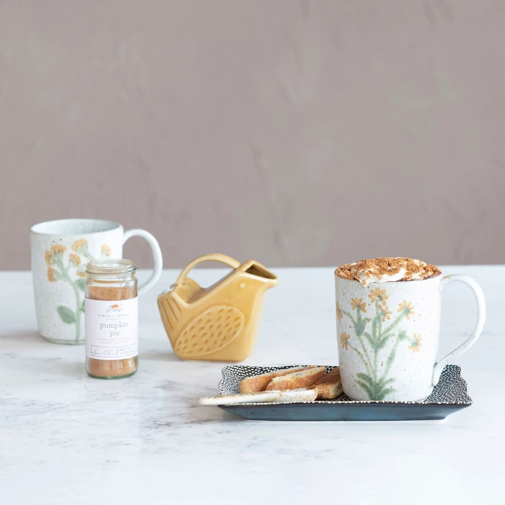 Hand-Painted Stoneware Mugs with Botanicals – Assorted 4 Styles