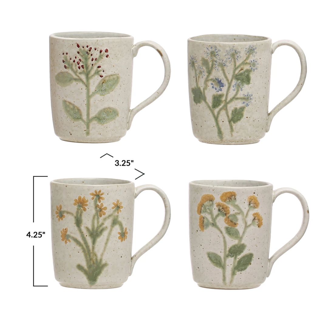 Hand-Painted Stoneware Mugs with Botanicals – Assorted 4 Styles