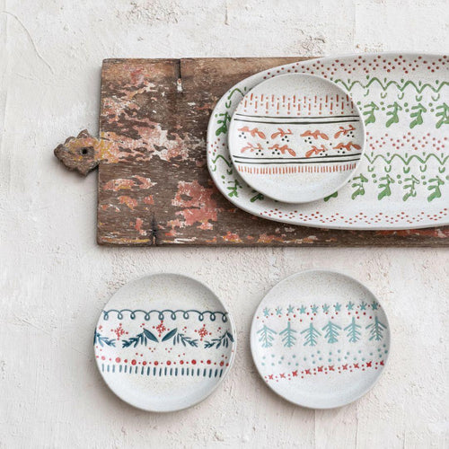 Multi-Color Hand Stamped Stoneware Platter with Wax Relief Pattern
