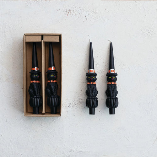 Cat w/ Witch Hat Taper Candles -Set/2
