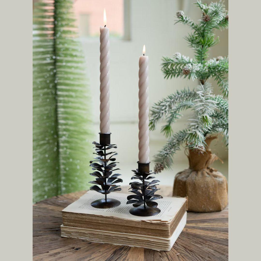 4" Antique Brown Metal Pine Cone Taper Holders - Small