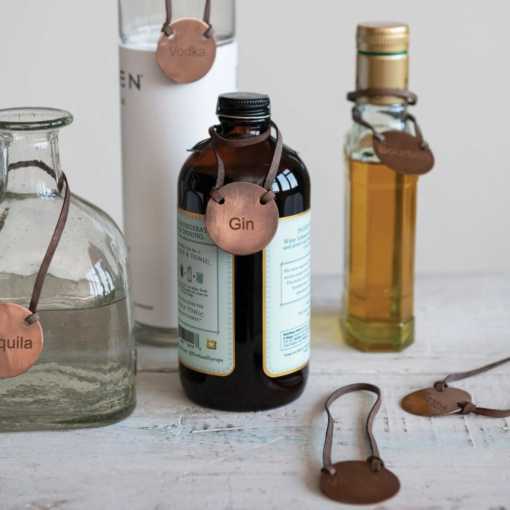 Leather & Cast Iron Bottle Tags - Set of 6