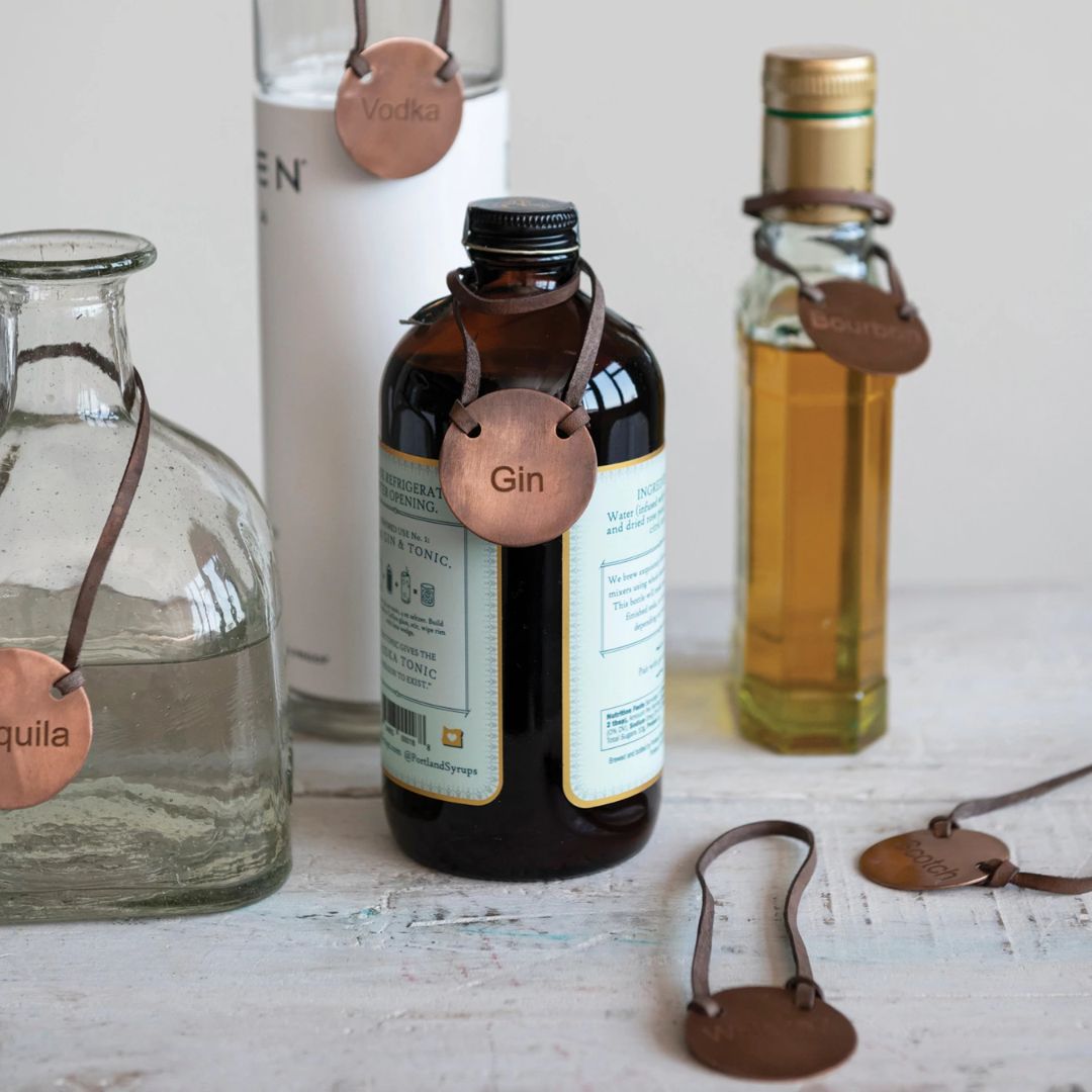 Leather & Cast Iron Bottle Tags - Set of 6