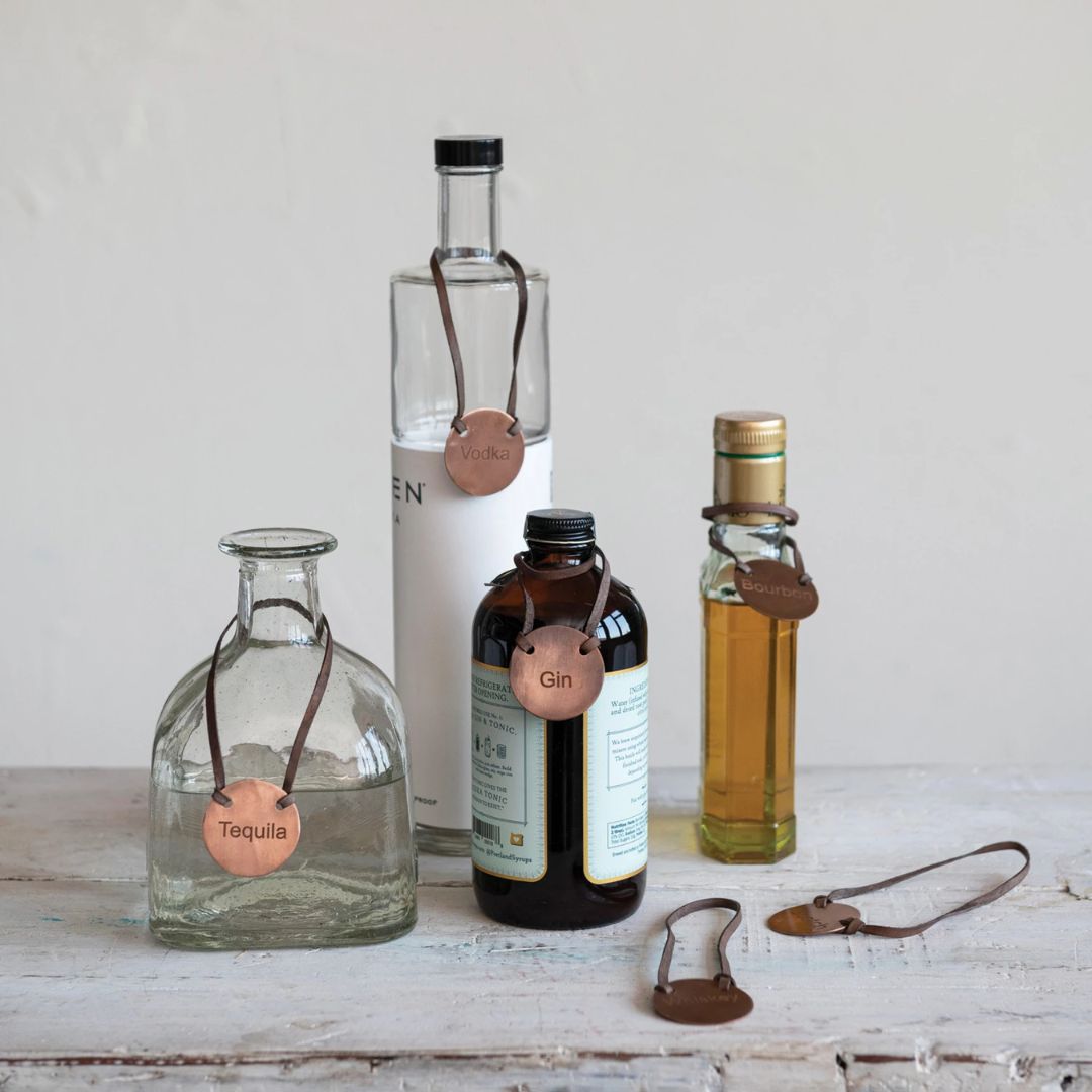 Leather & Cast Iron Bottle Tags - Set of 6