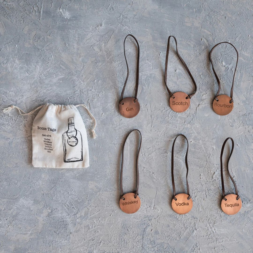 Leather & Cast Iron Bottle Tags - Set of 6