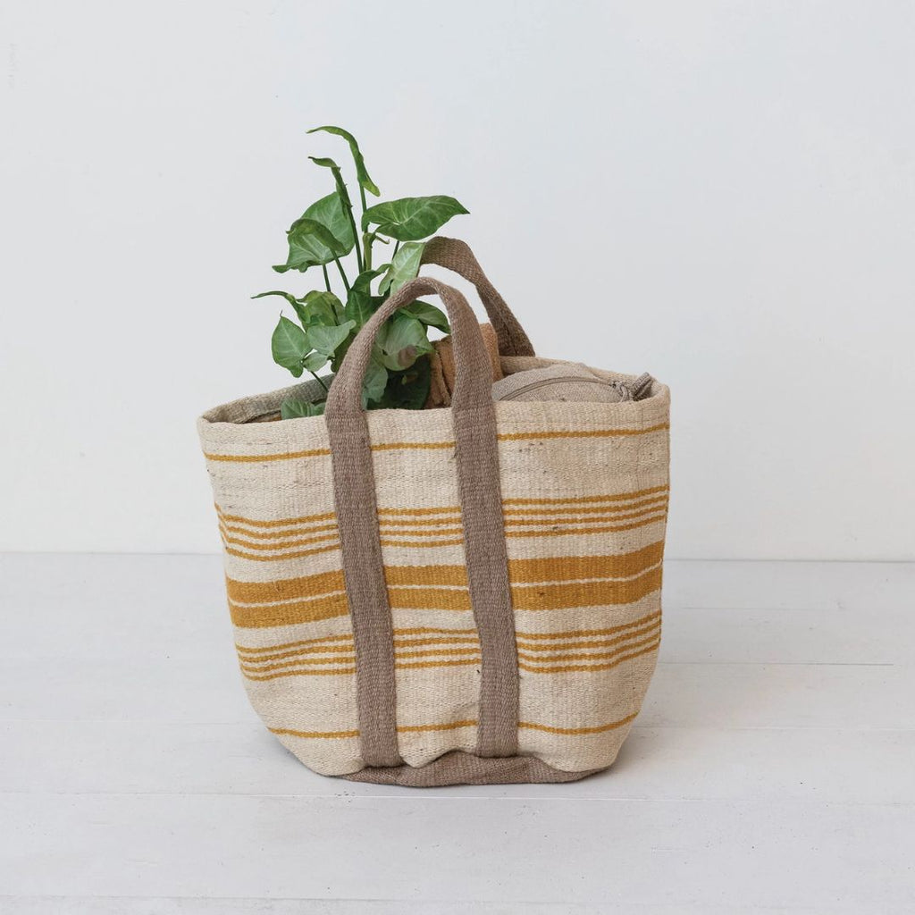 Mustard Jute Tote Bag with Stripes