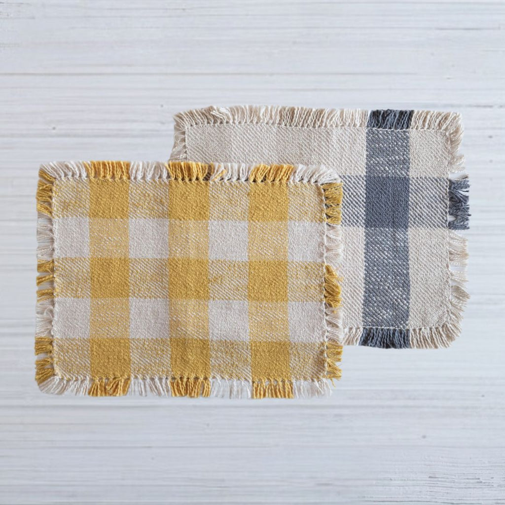 Cotton Placemat With Buffalo Check and Fringe – Navy Blue