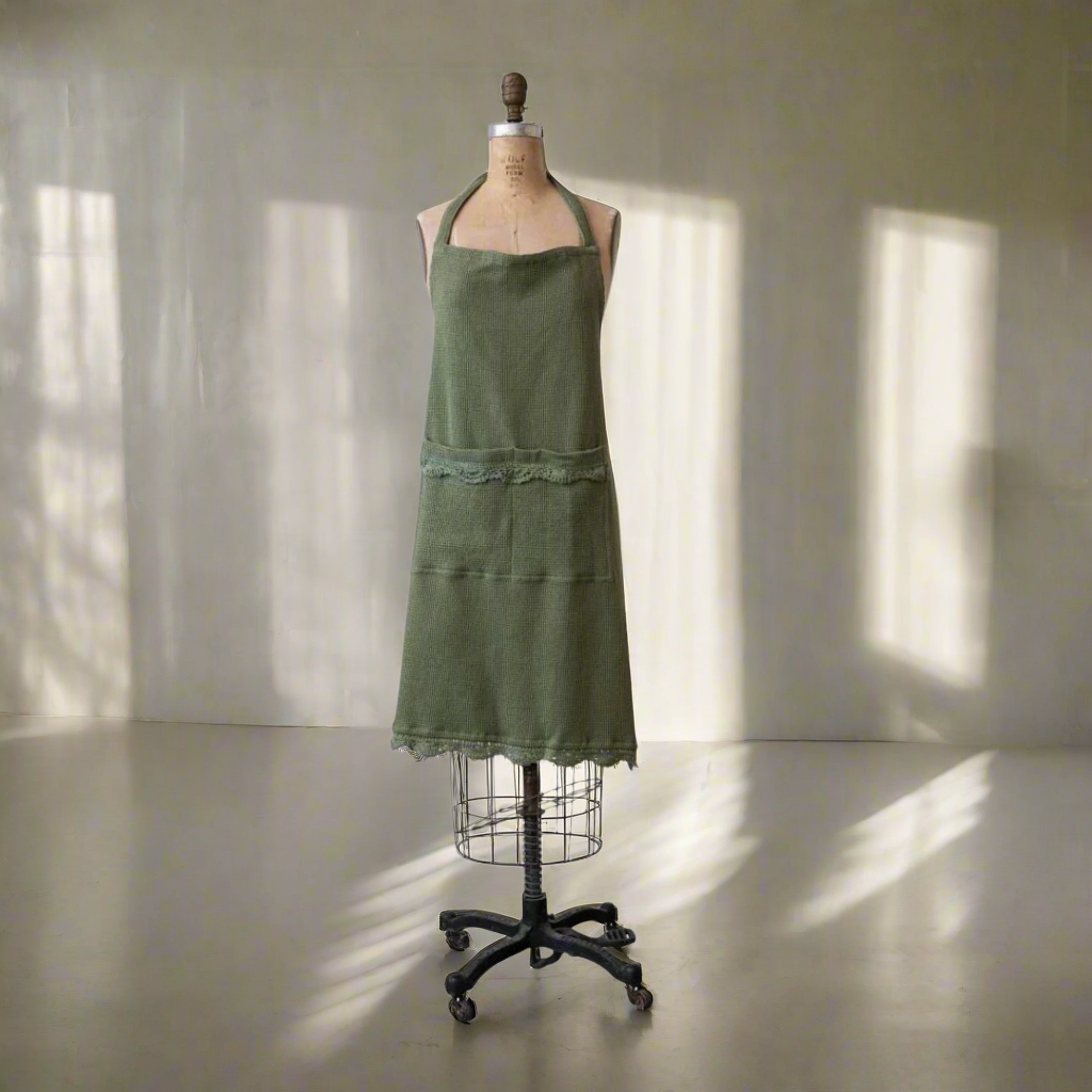 Olive Green Waffle Apron & Crochet Lace Trim
