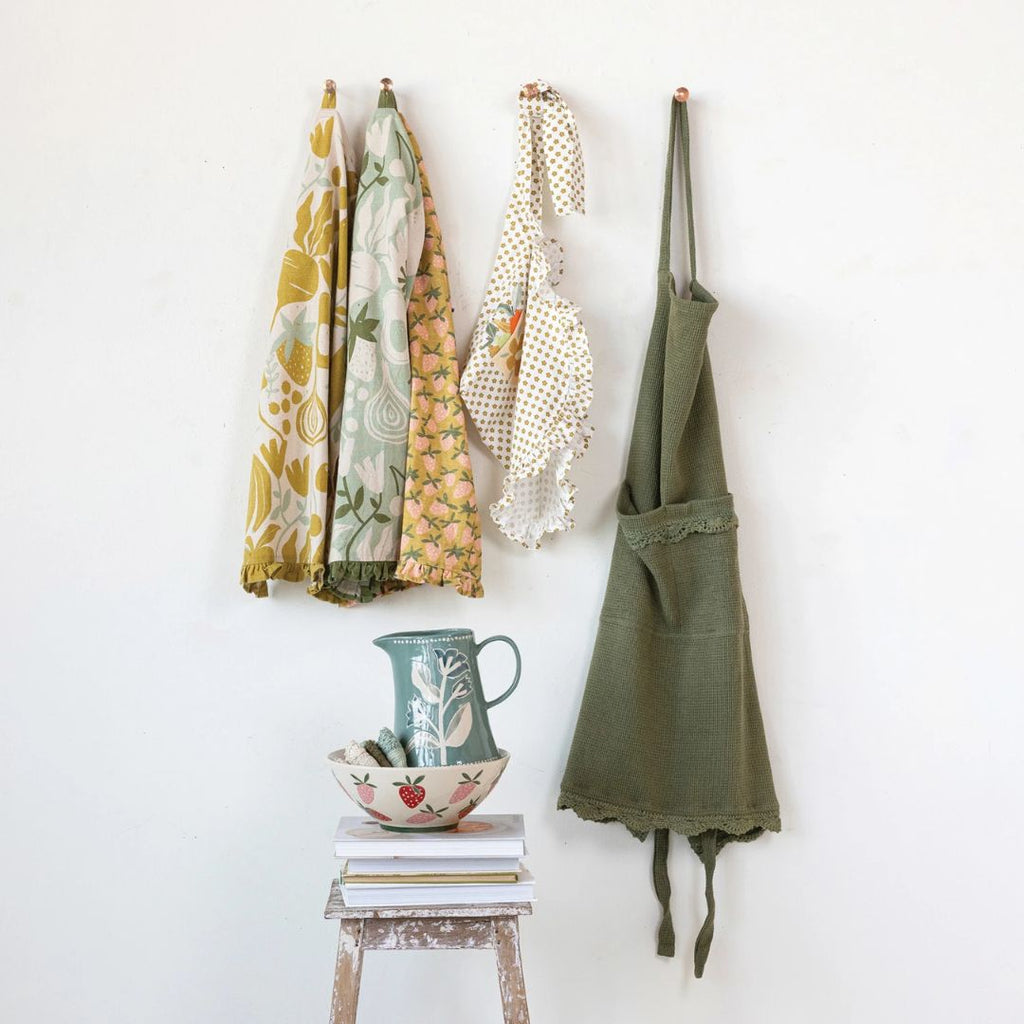 Olive Green Waffle Apron & Crochet Lace Trim