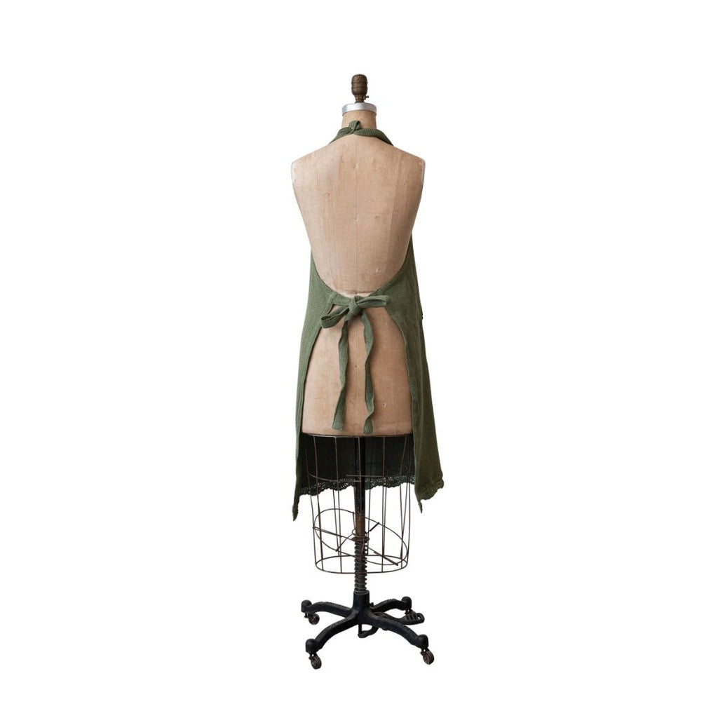 Olive Green Waffle Apron & Crochet Lace Trim