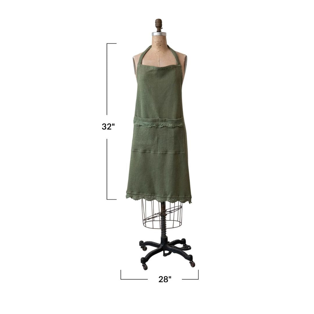 Olive Green Waffle Apron & Crochet Lace Trim