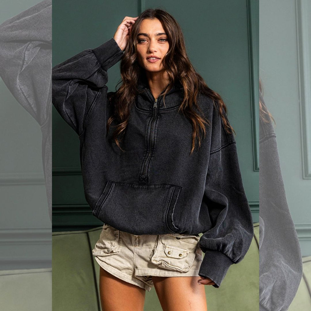 Oversize Fit Washed Pullover Hoodie - Black