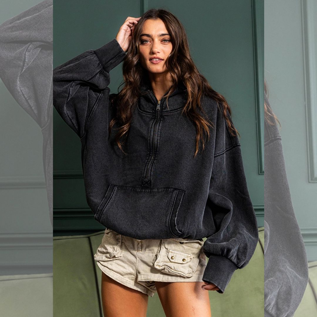 Oversize Fit Washed Pullover Hoodie - Black