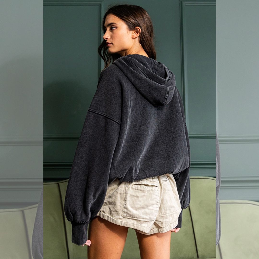 Oversize Fit Washed Pullover Hoodie - Black