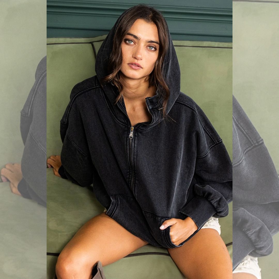 Oversize Fit Washed Pullover Hoodie - Black