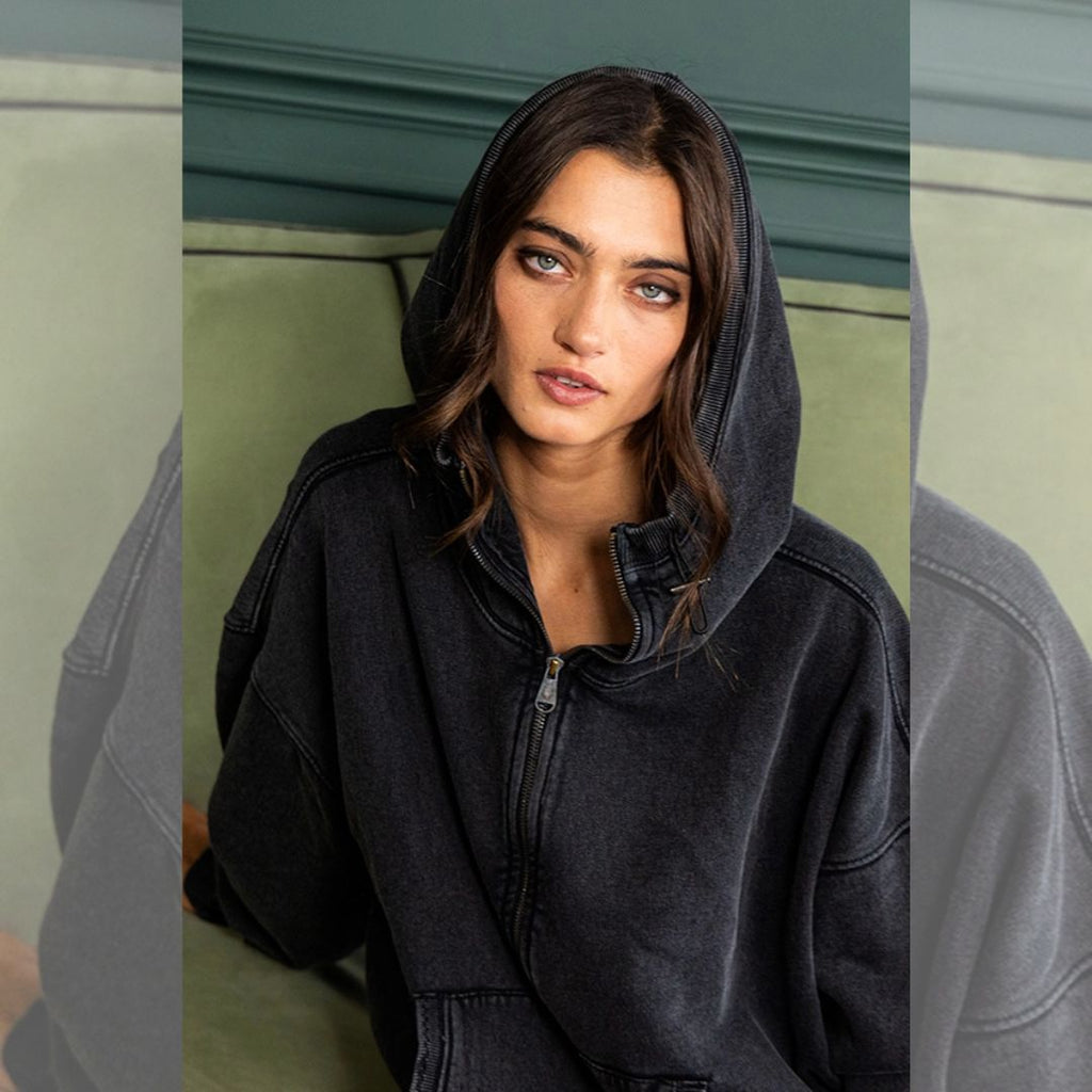 Oversize Fit Washed Pullover Hoodie - Black