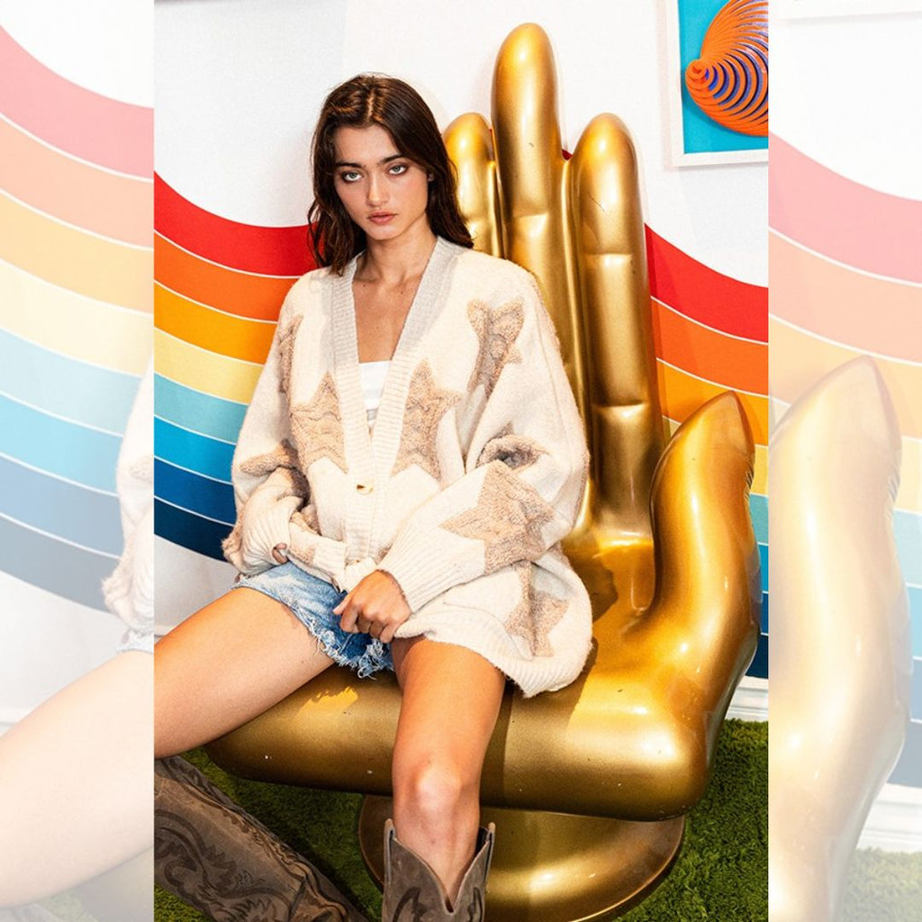 Oversized Star Pullover Sweater Cardigan - Cream