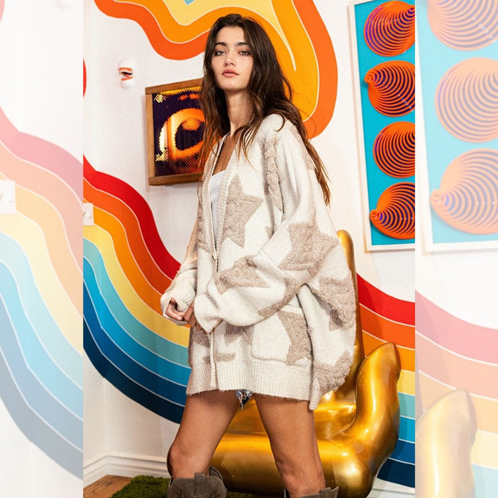 Oversized Star Pullover Sweater Cardigan - Cream