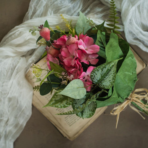 Pink Geranium with Mixed Foliage Bouquet - Faux Flower Decor