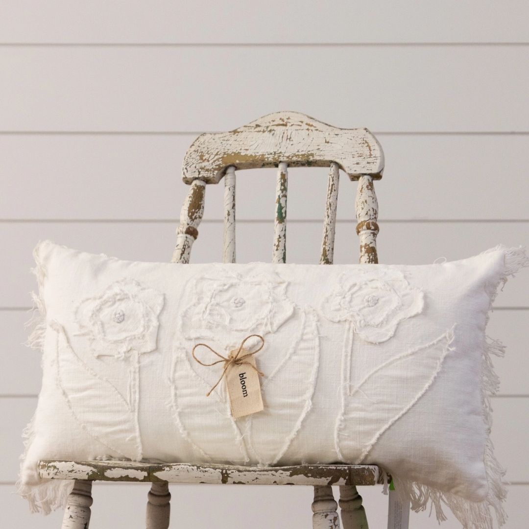 Raggedy Flowers with Fabric Tag Throw Pillow