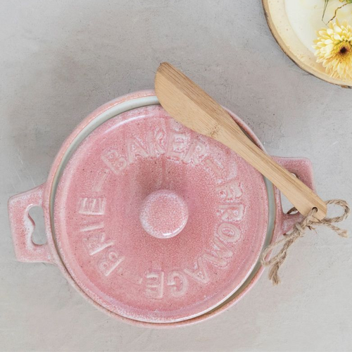 Stoneware Brie Baker with Bamboo Spreader - Pink