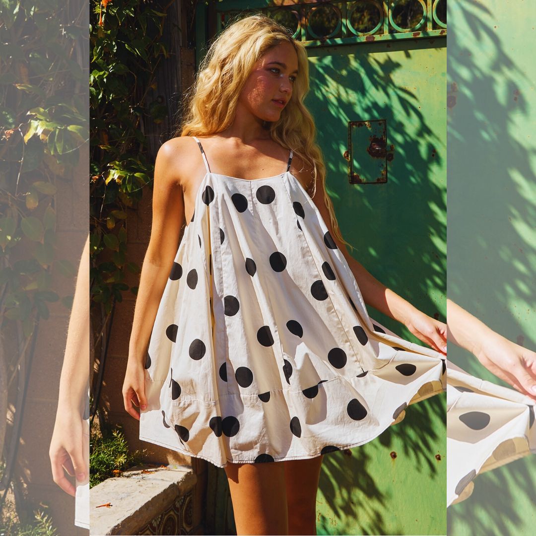 Tie Strap Voluminous Trapeze Mini Dress – Polka Dot – Cozy Cottage
