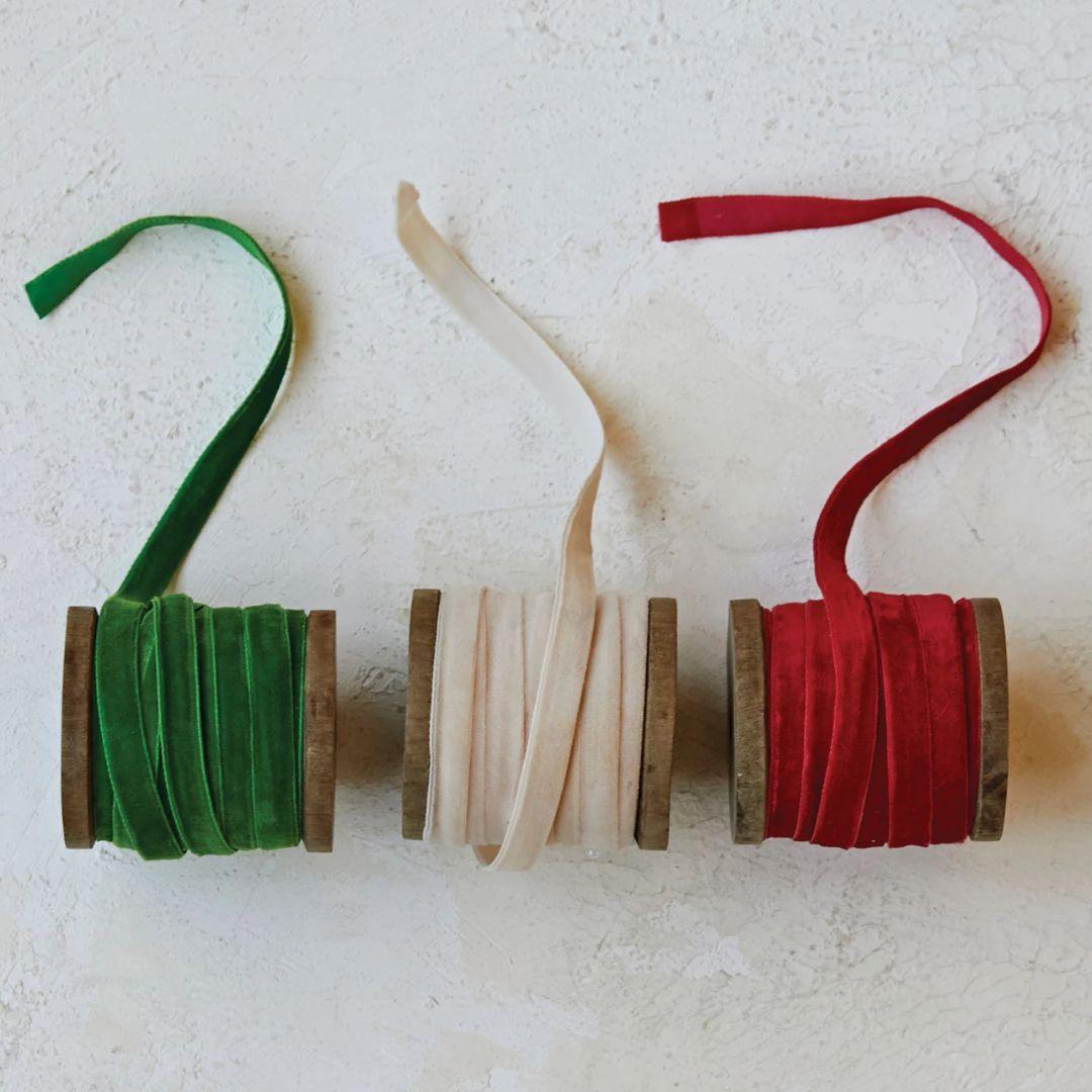 Velvet Ribbon On Wood Spool - 10 Yards - 3 Colors