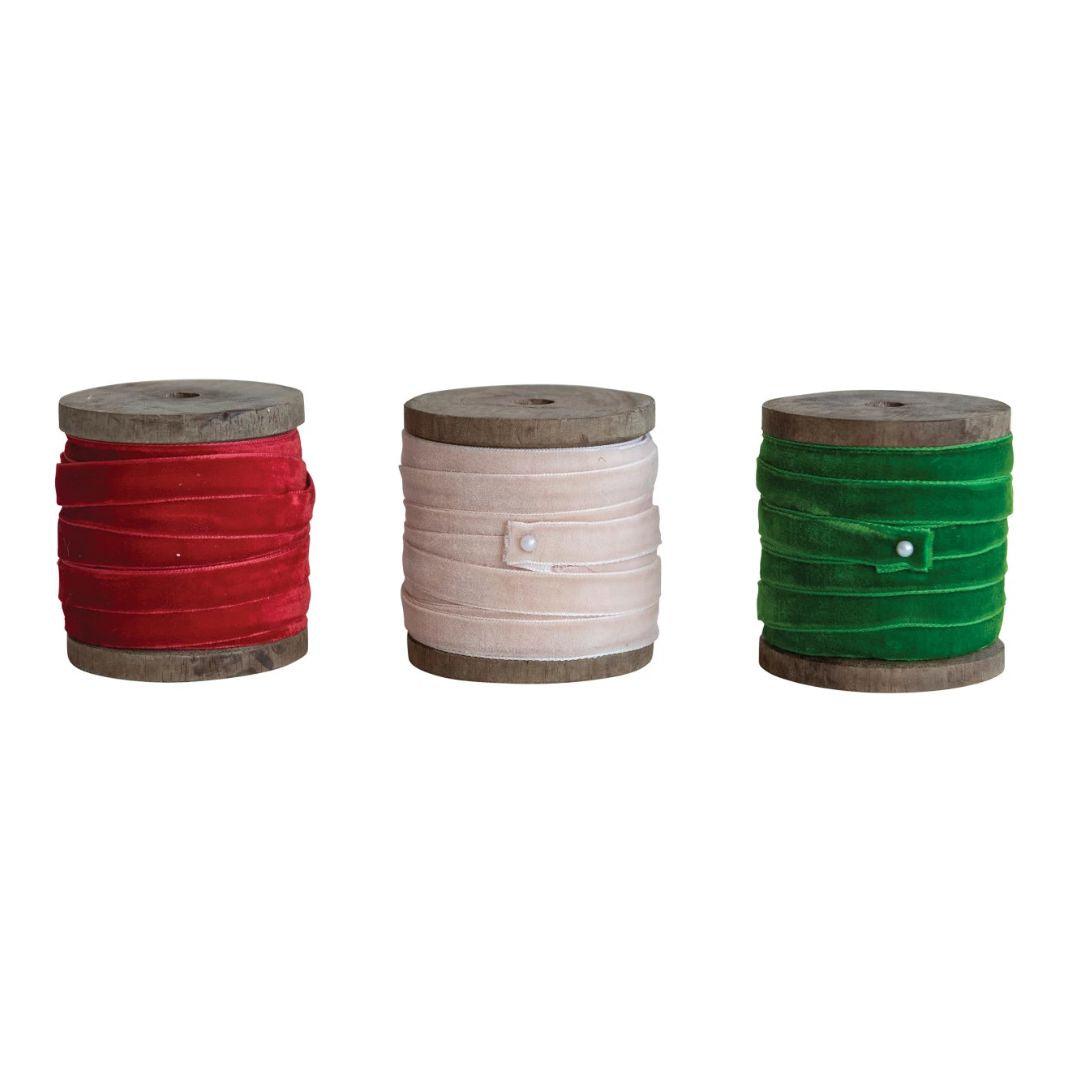 Velvet Ribbon On Wood Spool - 10 Yards - 3 Colors