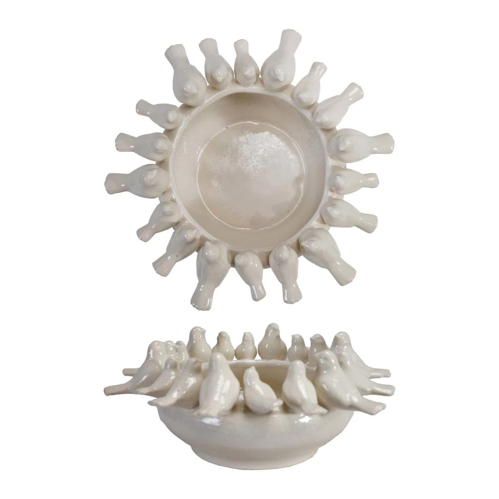 Decorative Stoneware Bowl or Planter with 3D Birds on Rim - White