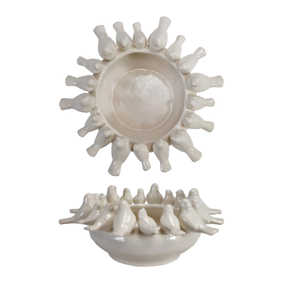 Decorative Stoneware Bowl or Planter with 3D Birds on Rim - White