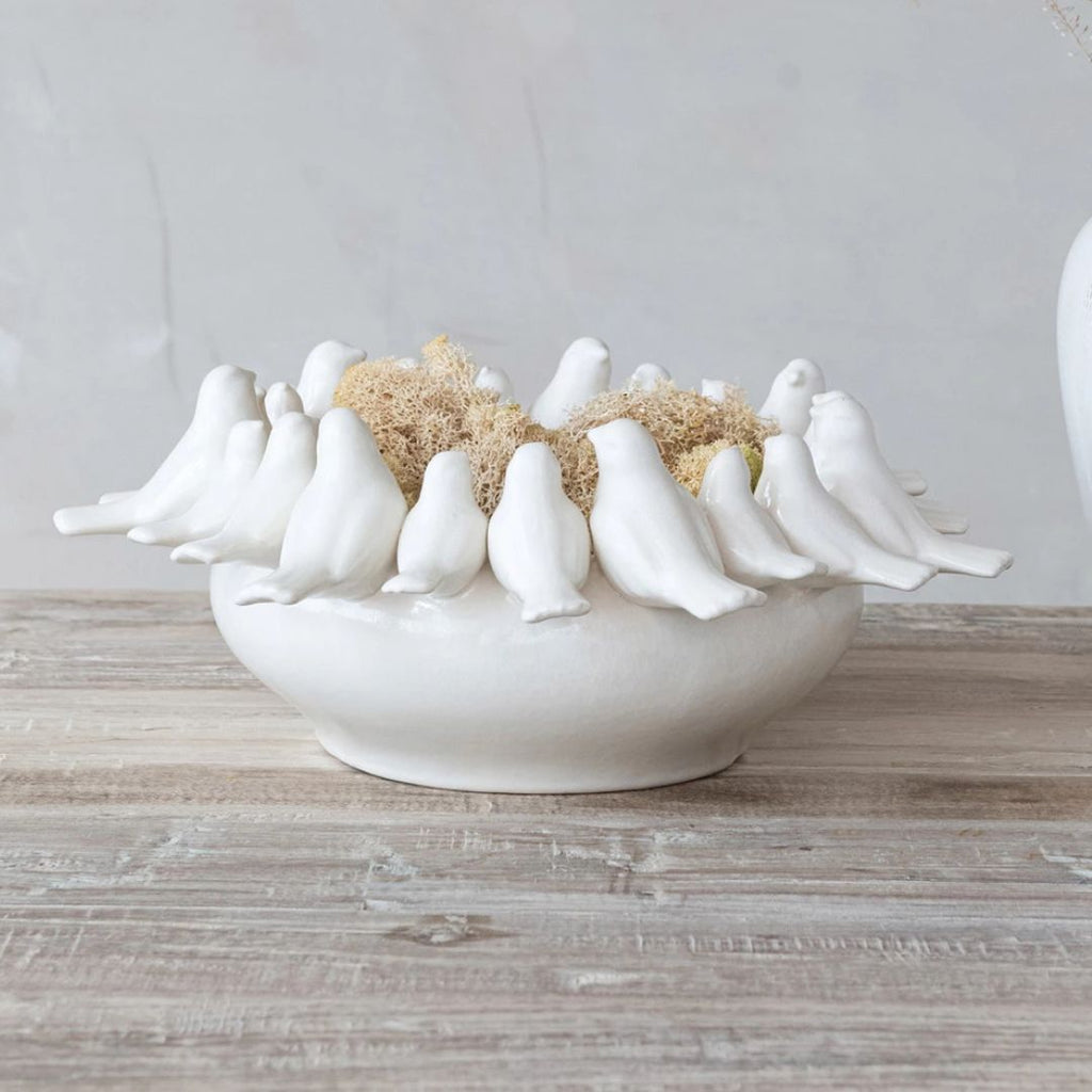 Decorative Stoneware Bowl or Planter with 3D Birds on Rim - White