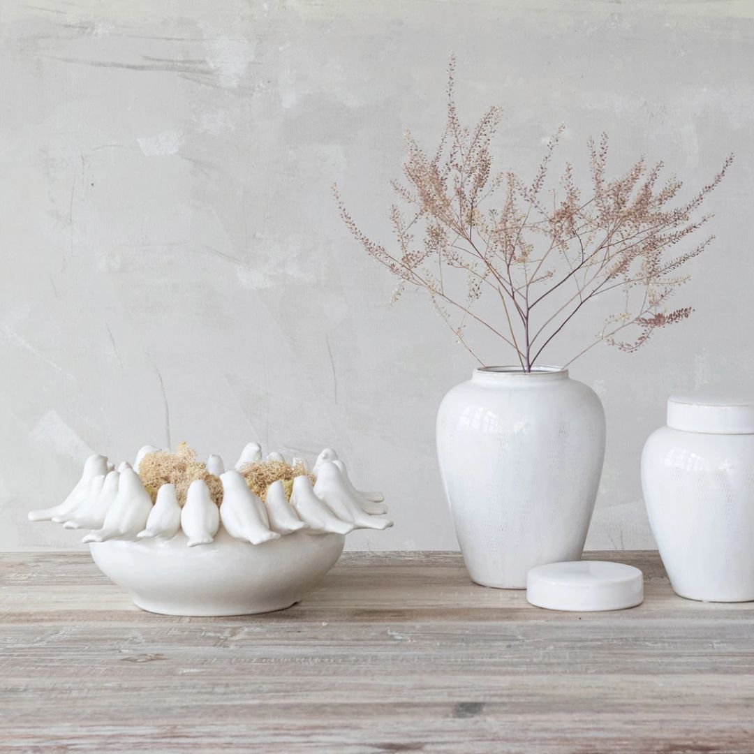 Decorative Stoneware Bowl or Planter with 3D Birds on Rim - White