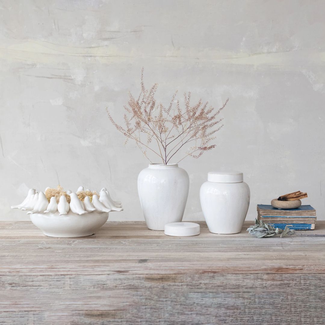 Decorative Stoneware Bowl or Planter with 3D Birds on Rim - White