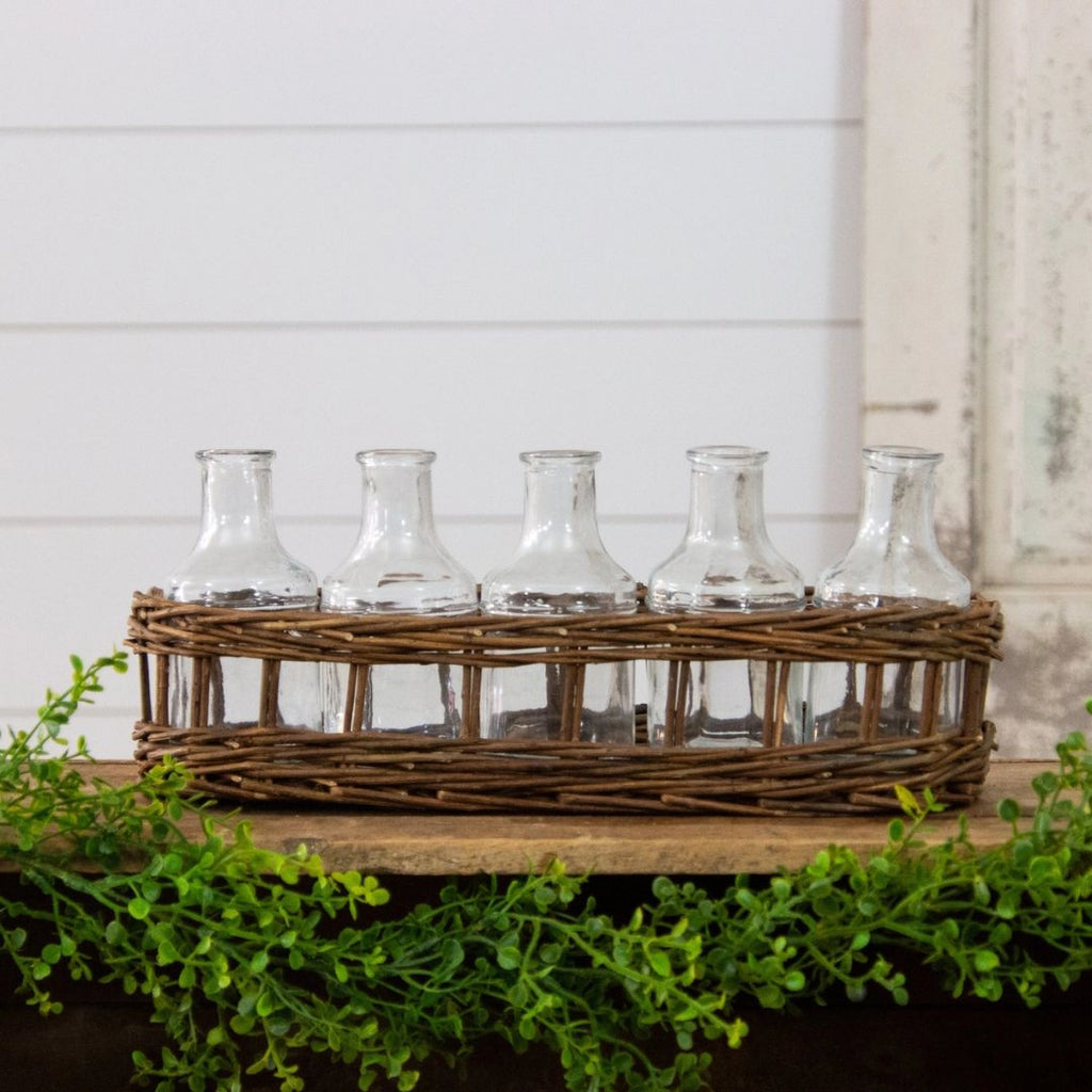 Wicker Basket Decor with Glass Vases