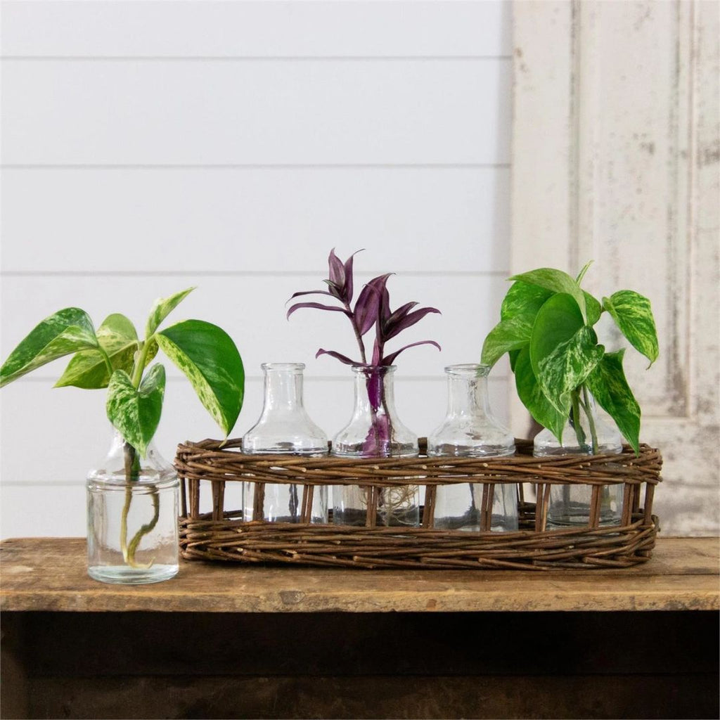 Wicker Basket Decor with Glass Vases