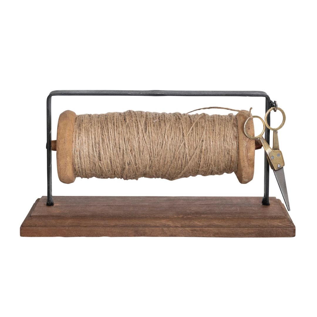 Reclaimed Wood & Metal Spool Stand With Scissors Set - Black & Brass Finish