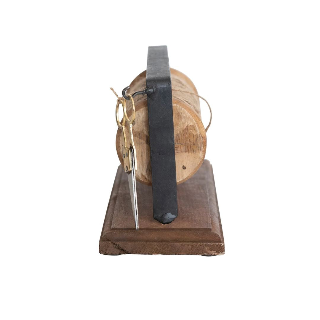 Reclaimed Wood & Metal Spool Stand With Scissors Set - Black & Brass Finish