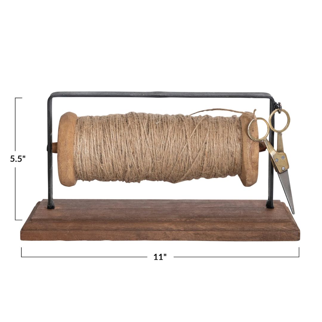 Reclaimed Wood & Metal Spool Stand With Scissors Set - Black & Brass Finish