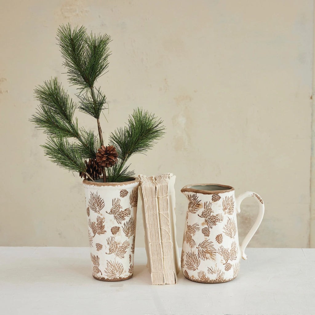 Evergreen Boughs & Pinecone Stoneware Pitcher